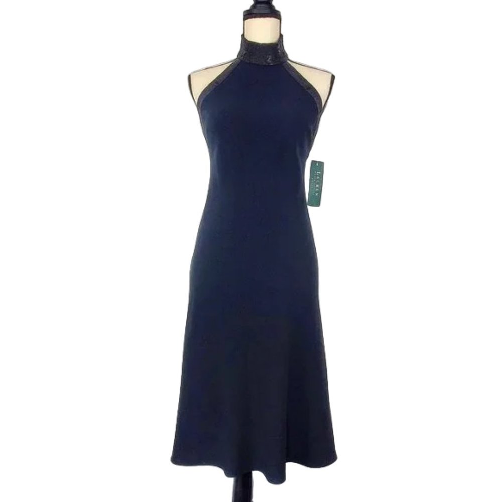 NWT Stunning Lauren Ralph Lauren Beaded Collar Halter LBD Black Dress Size: 4